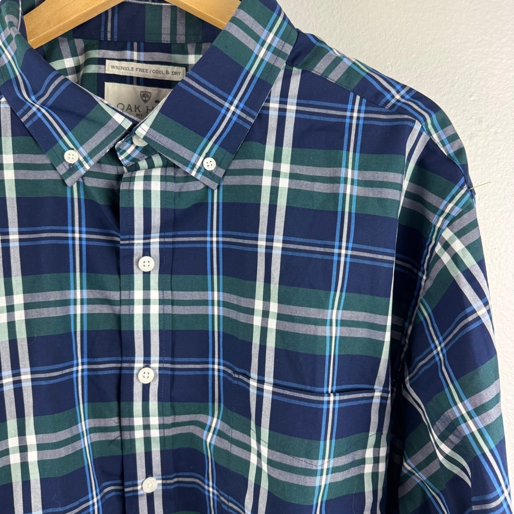 Oak Hill Button Down Shirt Mens 1XL Blue Green Plaid Wrinkle Free Long Sleeve
